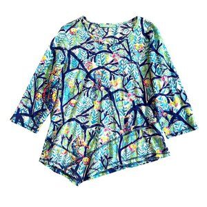Anthonys Women's Sz S Asymmetrical Hem Tunic Top Tropical Print 3/4 Sleeve